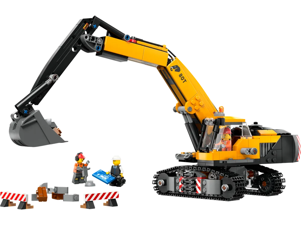 A LEGO City 60420 Construction Excavator with its arm extended, a large grey bucket, and three minifigures with construction accessories.