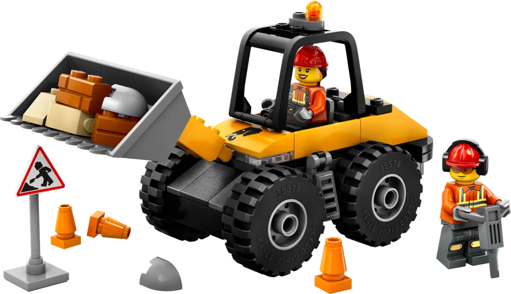 LEGO City 60450 Construction Wheel Loader with a worker minifigure driving, another worker with a jackhammer, traffic cones, and a warning sign on a white background.