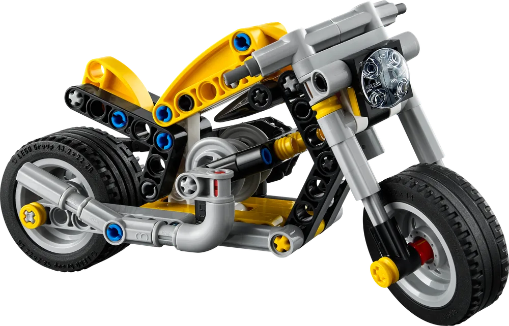 LEGO Technic 42225 Yellow Motorcycle model with grey frame and yellow body panels, seen from a three-quarter front view.
