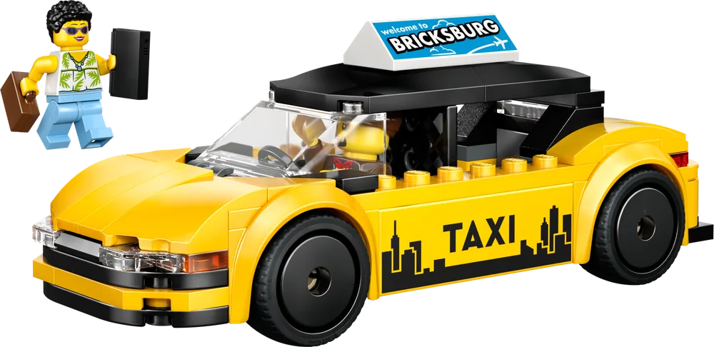 Front 3/4 view of the yellow LEGO taxi with a female minifigure in a Hawaiian shirt holding a phone and carrying a satchel.
