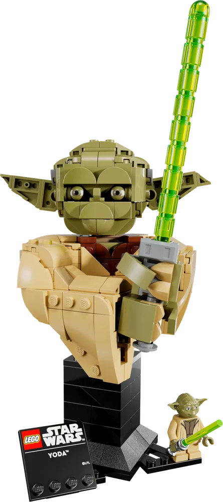 LEGO Star Wars Yoda bust display set with minifigure and display plaque, holding a green lightsaber.