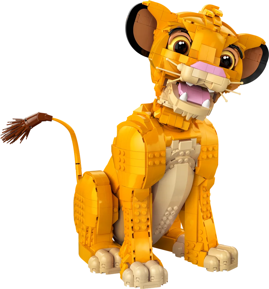 Close-up of the LEGO Disney Young Simba set, featuring the cub sitting with a curious, open-mouthed expression and tilted head.