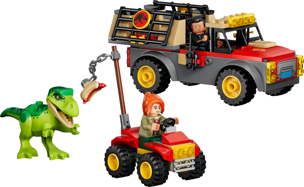 LEGO Jurassic World Young T. rex Transport Truck with minifigures and ATV.