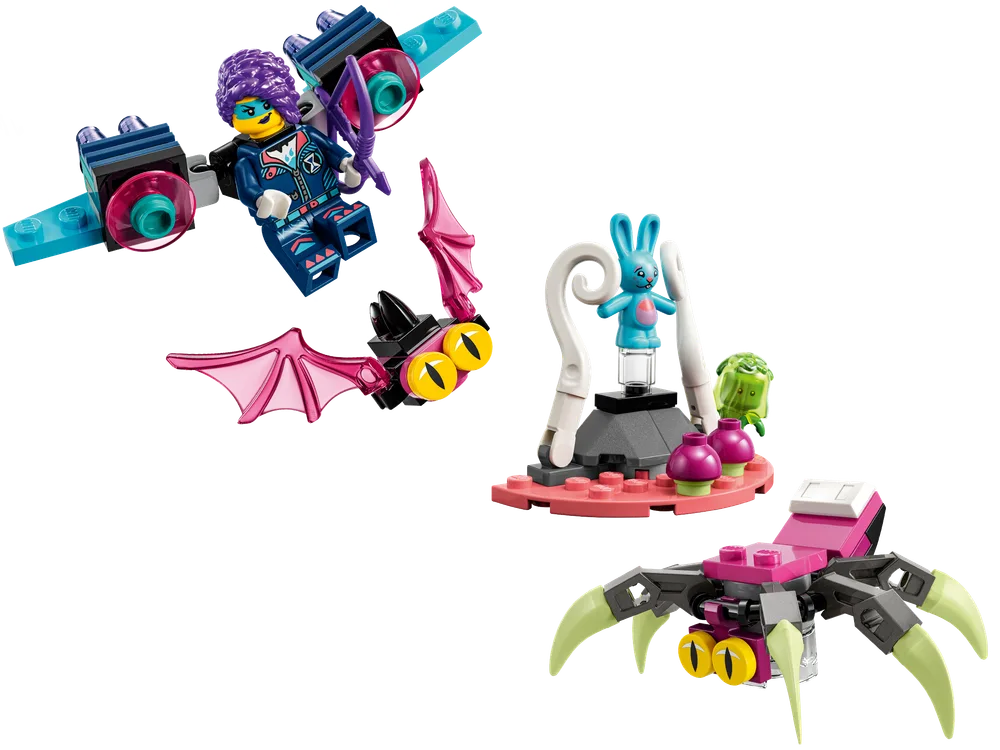 A LEGO image featuring elements from two polybags: on the left, a Zoey minifigure with a custom-built jetpack and a small black bat creature with trans-pink wings; on the right, a magenta and lime green spider creature, and a small build with a light blue rabbit figure (Bunchu) on a pedestal.