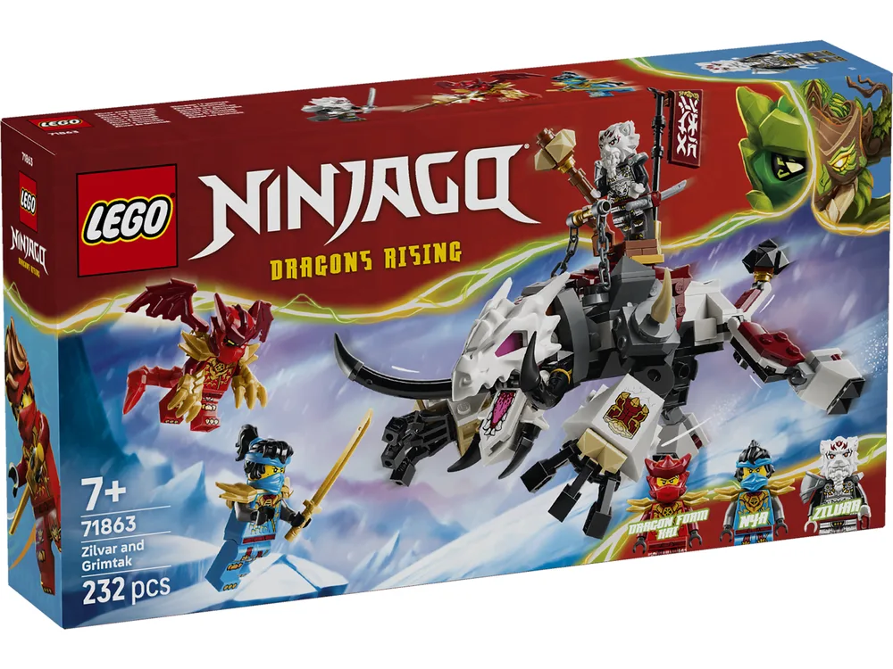 Box art for LEGO Ninjago Dragons Rising set 71863, featuring a white dragon ridden by a warrior and a red dragon fighting a minifigure.