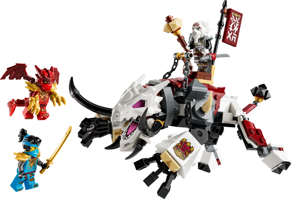Sora wielding a golden katana faces off against Grimtak riding his powerful dragon beast, with a small red dragon flying nearby.