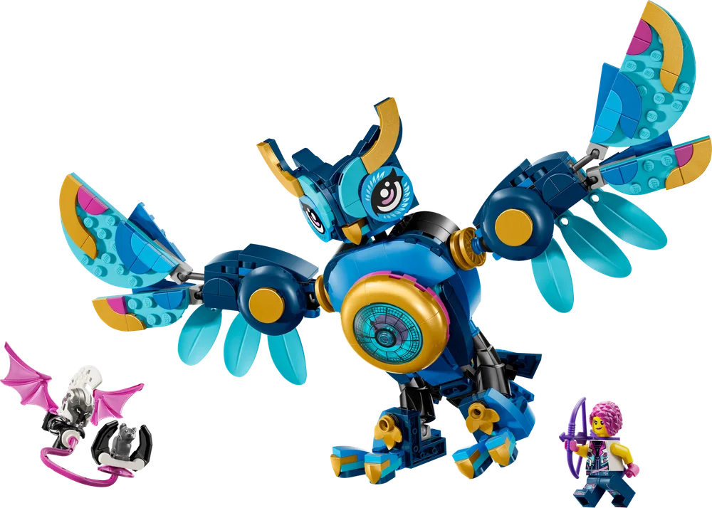 Zoey's Time Owl set 71494 in dynamic flight pose, accompanied by Zoey minifigure and the Night Hunter's minion.