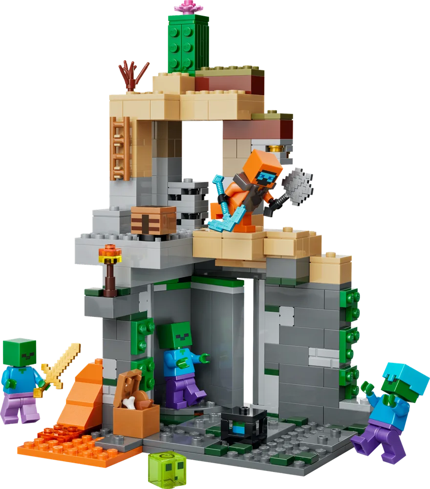 An assembled LEGO Minecraft set depicting a multi-level dungeon with Alex fighting zombies.