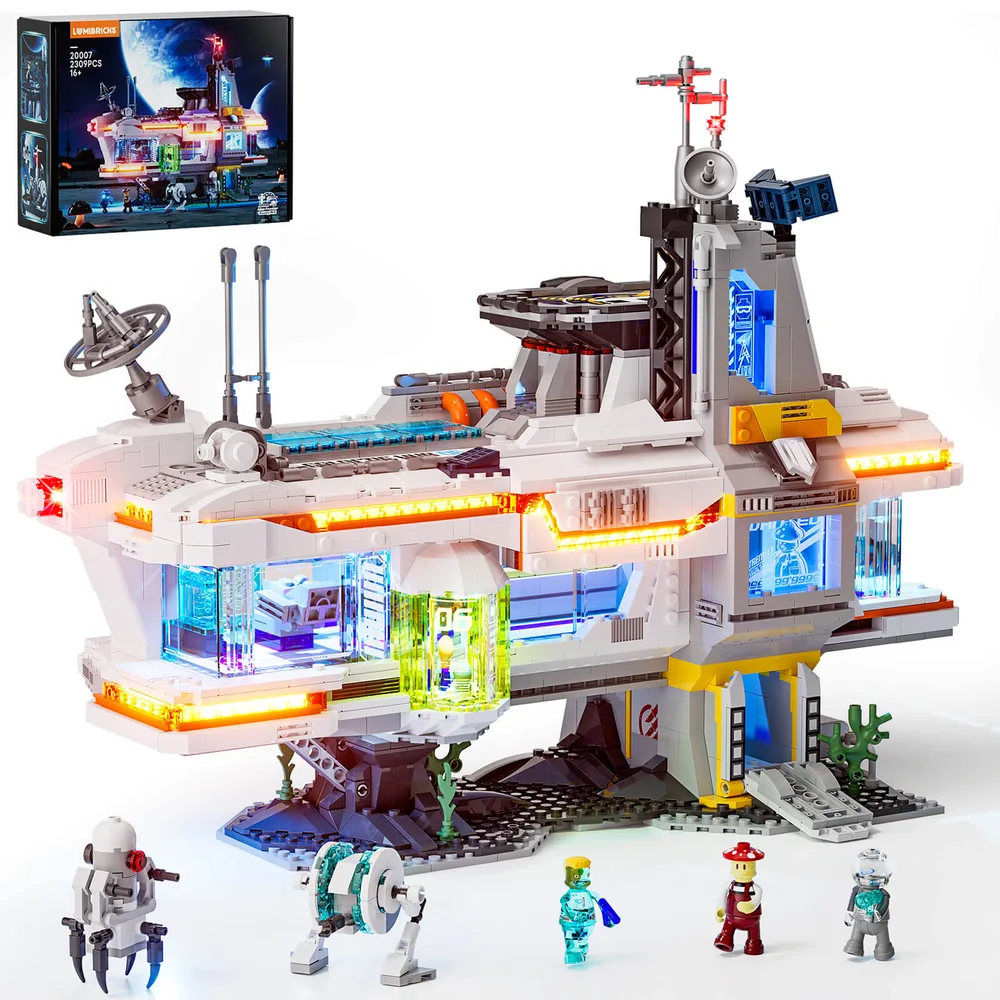 Full assembled Lumibricks Alien Frontier Bounty Hub 20007, showing the main structure with orange and blue lights, three minifigures, and two robotic units. The set box is visible in the upper left corner.