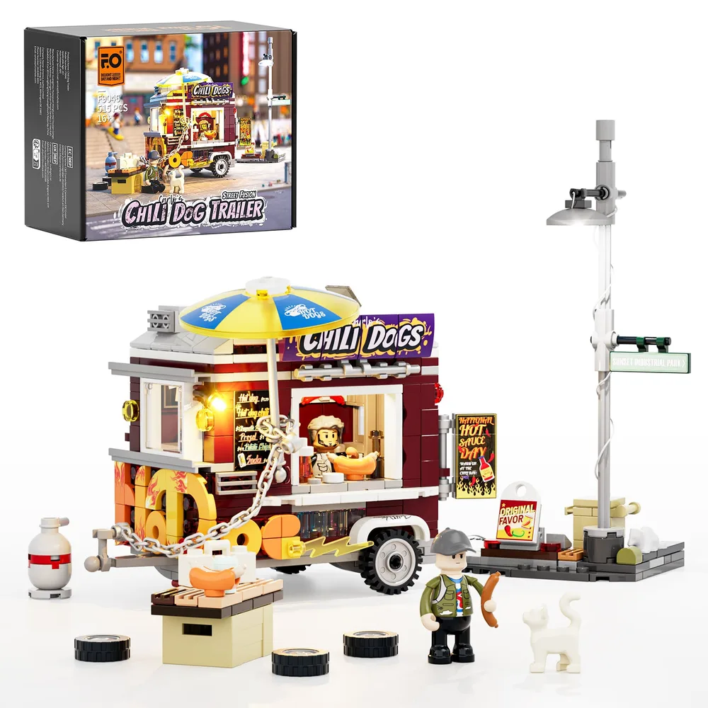 Lumibricks F9046 Chili Dog Trailer V2 0 unboxed, showing the full build, accessories, minifigure, and the product box with dimensions and features.