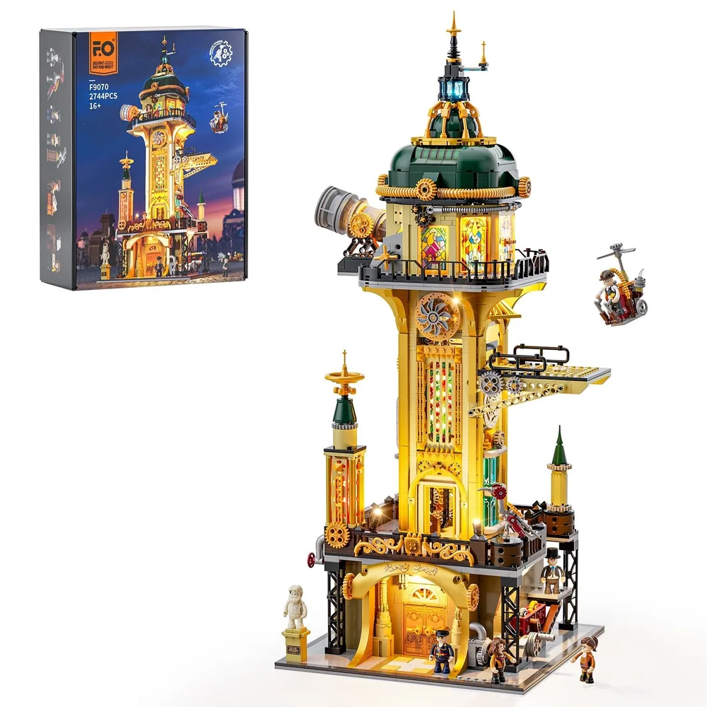 Full view of the Lumibricks Steampunk Watch Tower F9070, a highly detailed golden and dark green brick-built structure, illuminated from within. The box art is visible on the left.
