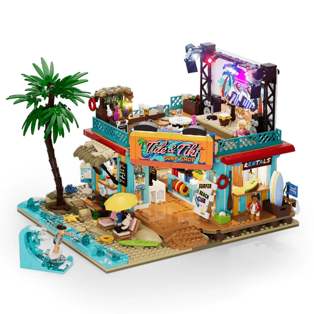 A detailed Lumibricks Set 20004 'Tide & Tiki Surf Shop' build, seen in bright daylight, featuring a two-story beachfront building with a palm tree, a surfing minifigure on a wave, and a stage with lights.