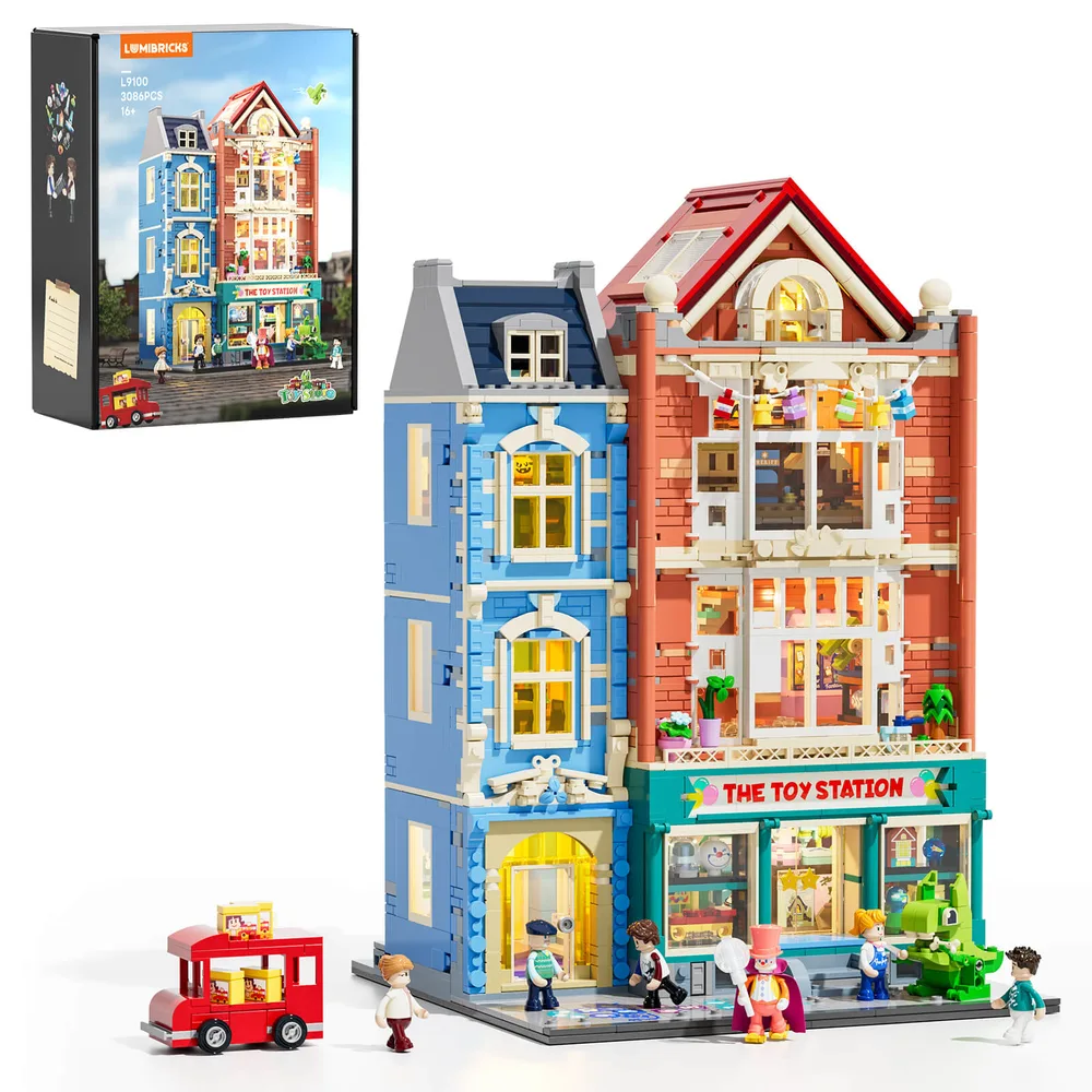 Lumibricks L9100 Toy Station modular building set, showing the box art and the fully assembled model with minifigures and a red truck. The building features two distinct architectural styles, one blue and one red brick.