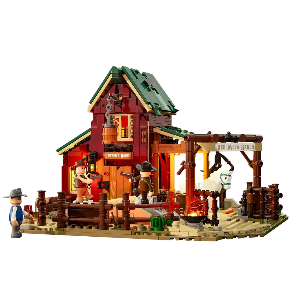 Lumibricks Wild West Ranch Duel set 14017 featuring a red barn, stables, and three minifigures in a daytime action scene with a campfire.