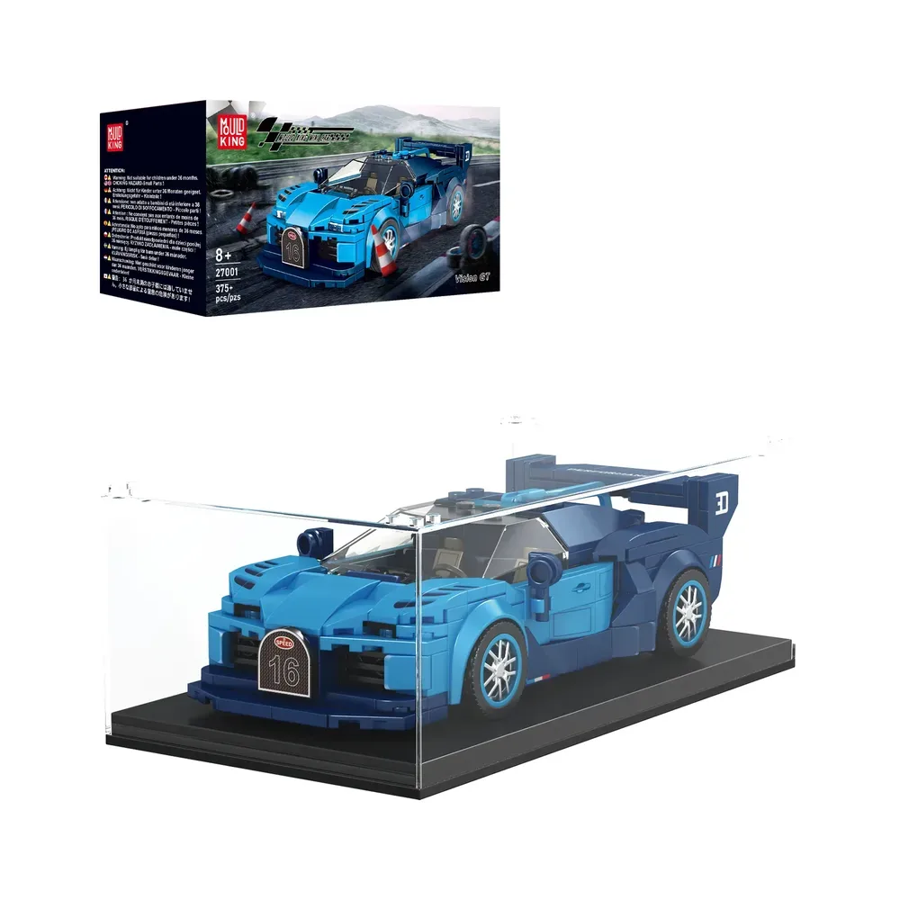 Mould King The Vision GT Mini Sports Car 27001 building block set in a clear display case, with the product box showing 375+ pieces in the background.