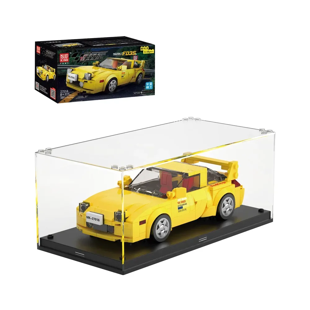 Mould King RX7 FD35 Car Model 27016 shown in a clear display case with its product box in the background.