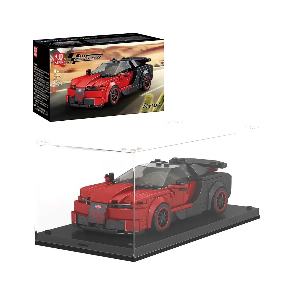 Mould King NO. Veyron Car Model Building Toy Set 27027 displayed in a clear acrylic case, with the product box showing the Veyron model on a desert road background in the top left corner.