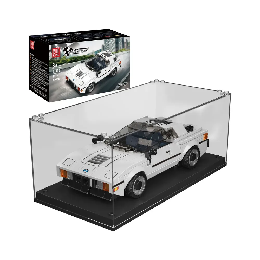 The Mould King M1 Sports Car Model 27036, a white brick-built replica, is showcased in a clear display case with its product box visible in the background.