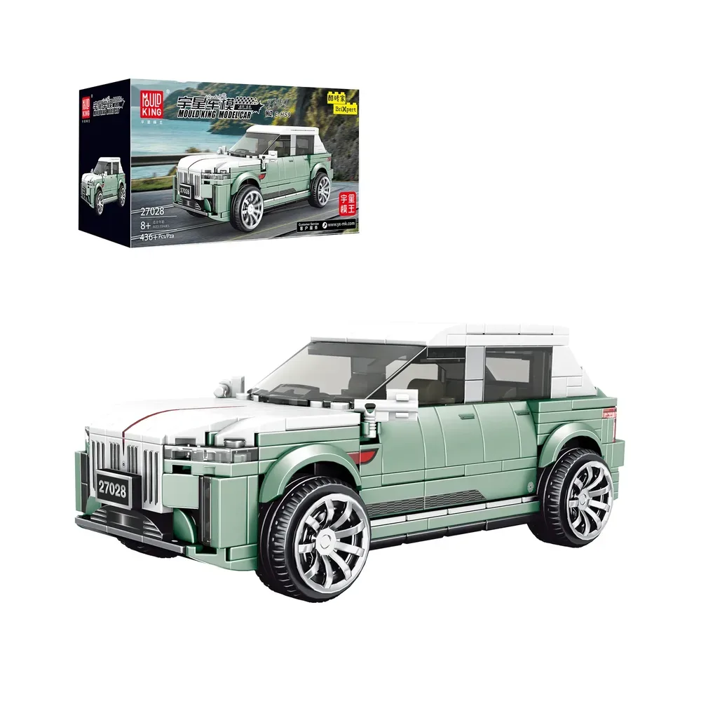 A brick-built Mould King E-HS9 luxury SUV model, set 27028, displayed with its retail box in the background.