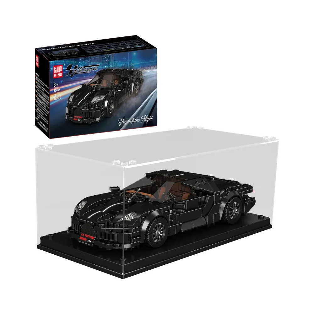 A black brick-built supercar, the Mould King La Voiture Noire 27096, sits on a black display base within a clear acrylic case, with its black product box floating above and behind it. The box shows the car on a dark road.
