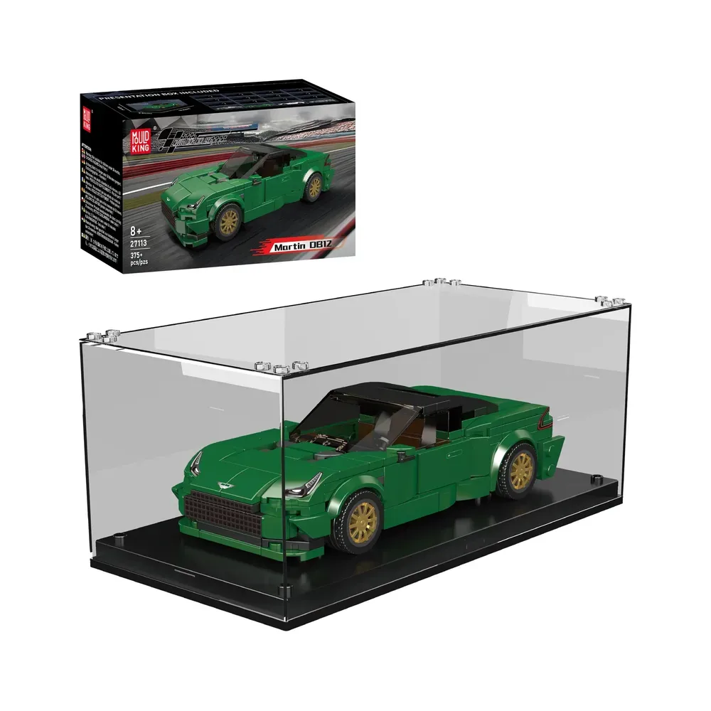 Mould King Martin DB12 brick car model 27113 in green, presented in a clear acrylic display case with its product box art showing 393 pieces.
