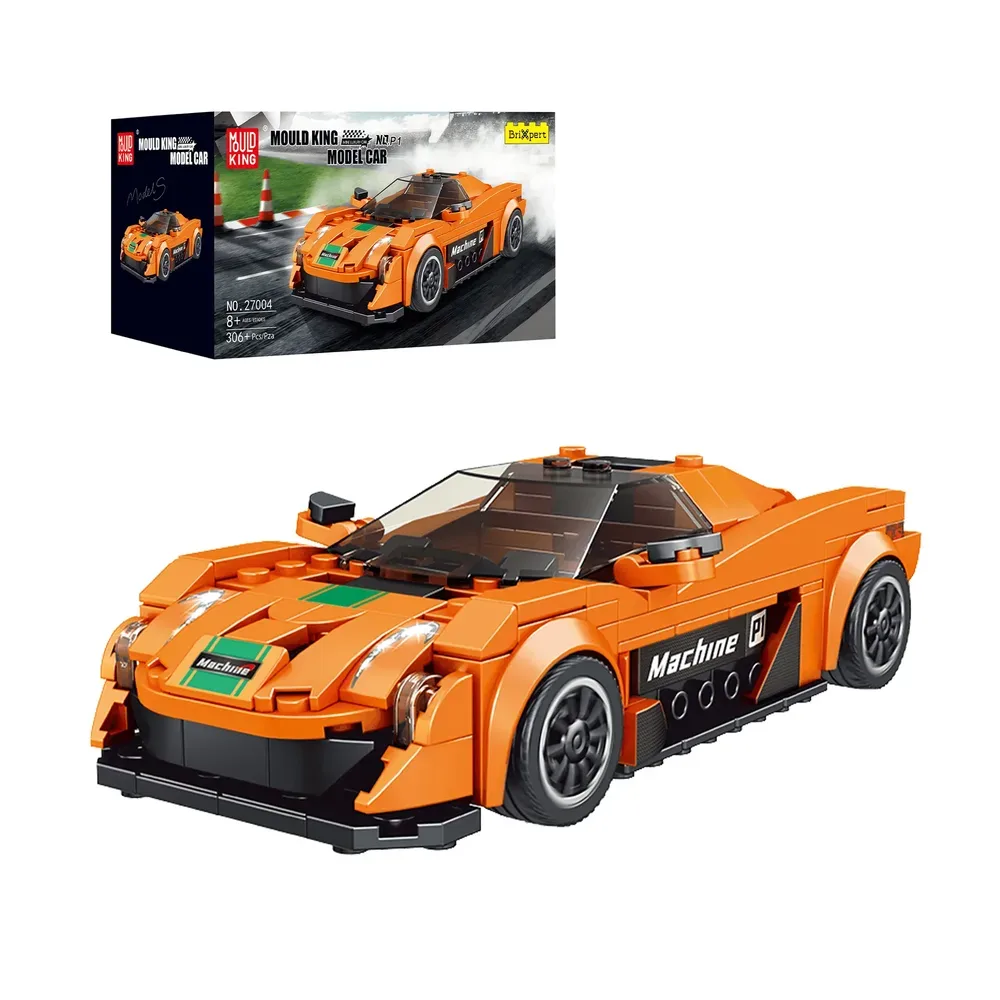 The Mould King The Mini P1 Sports Car 27004 building set displayed with its product box, showcasing the vibrant orange model.