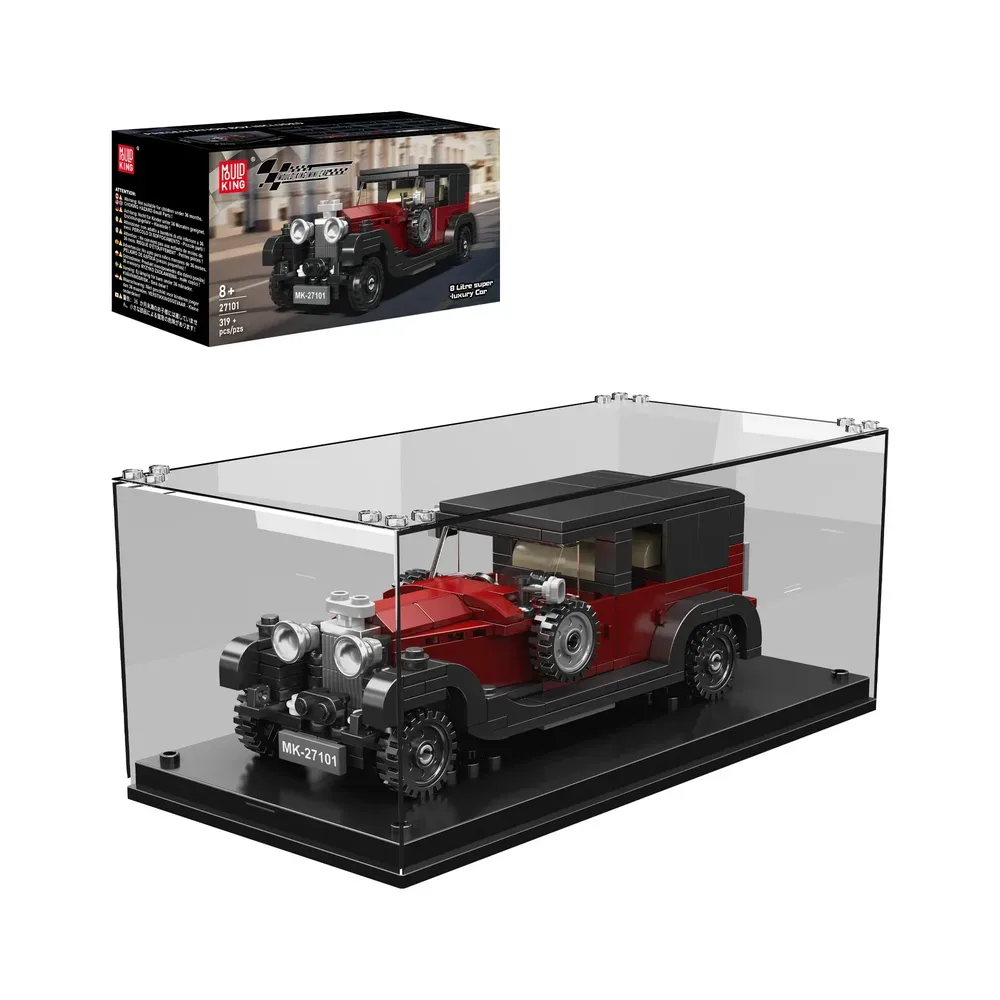 Mould King Vintage Super Luxury Car 27101 building block model displayed in a clear acrylic case with its product box in the background.