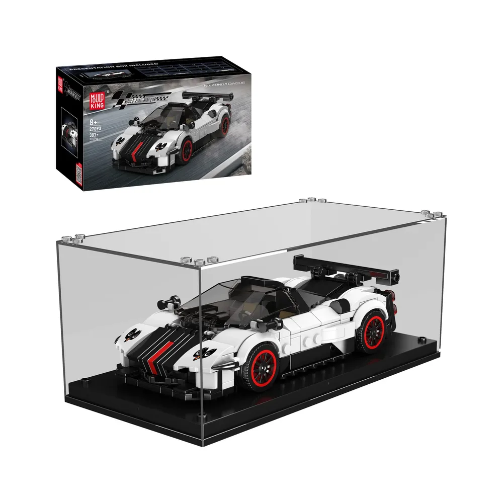 Mould King Zonda Cinque Supercar 27093 model displayed in a clear case with its retail box in the background.