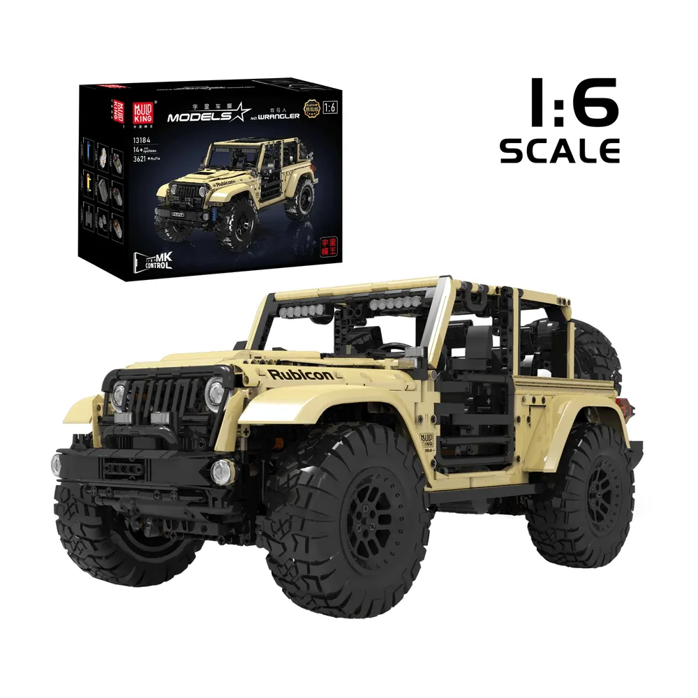 Mould King 13184 RC Off-Road Wrangler set box and the fully built model, showcasing its 1:6 scale.
