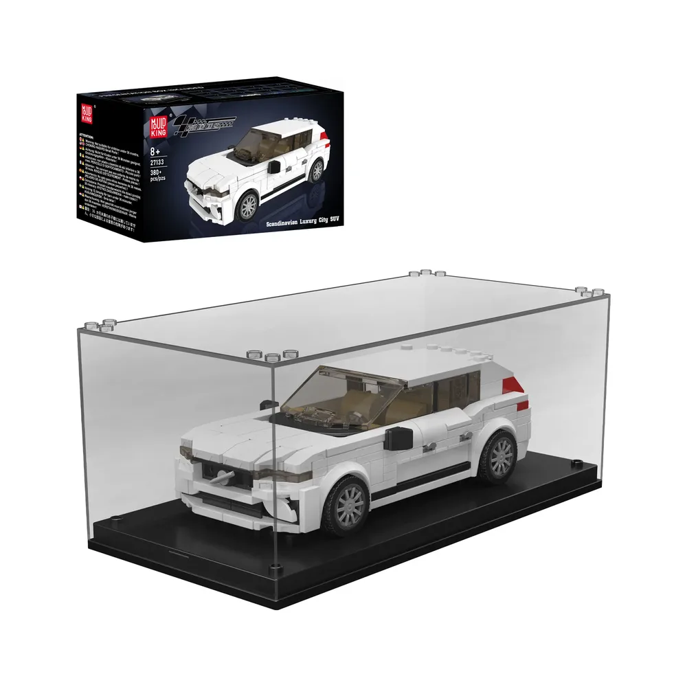 Mould King XC60 SUV 27133 building block set in white, displayed in a clear case with its product box in the background.