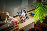 Soccer frame on wooden shelf.