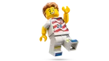 Minifigure in white jersey, celebrating.