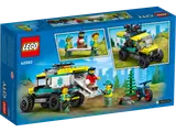 Back of LEGO City 4x4 Off-Road Ambulance Rescue box showing play features.