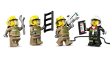 Four LEGO firefighter minifigures with tools.