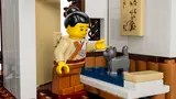 Minifigure and cat inside the inn.