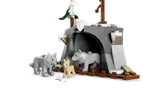 LEGO wolf cave with trees and animals.