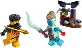 Arin and Dragonian minifigures in battle next to a shrine.
