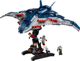 Quinjet on stand with minifigures.