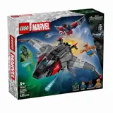LEGO Marvel Doomsday Quinjet 76347 box front with minifigures.