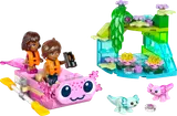 LEGO Friends Axolotl Adventure Boat set with two minifigures, boat, grotto, and two axolotl figures.
