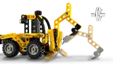 Backhoe arm movement shown with arrows.