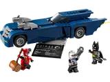 LEGO Batmobile with minifigures and display plaque.