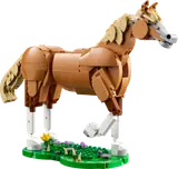 LEGO brown horse model trotting on green base.