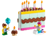 LEGO birthday cake open with minifigures and a small cake.