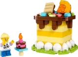 LEGO birthday cake build with minifigure and candle.