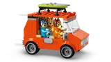 Bluey family in orange LEGO van.