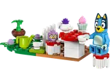 Bluey hosts a playful tea party in a LEGO garden.