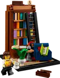 Minifigure with coffee by lamp.