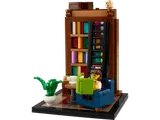 Minifigure reads in cozy library scene.