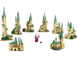 Wizard minifigure surrounded by modular LEGO Hogwarts castles.